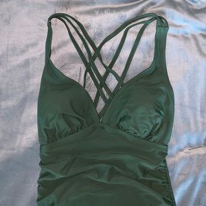 Army green one piece bathing suit.